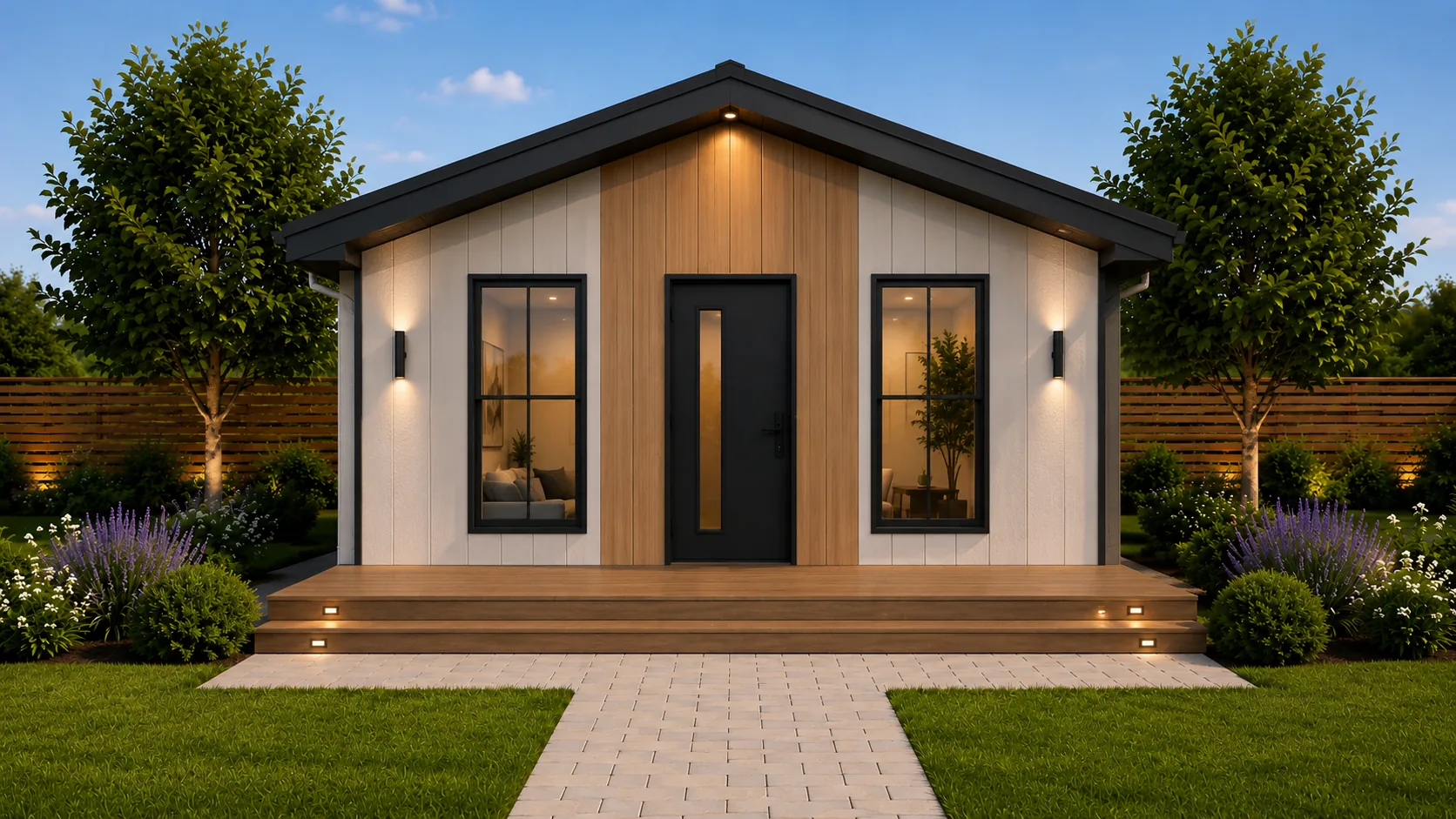 Backyard ADU front elevation with wood accent siding, black door, deck, and evening landscape lighting.