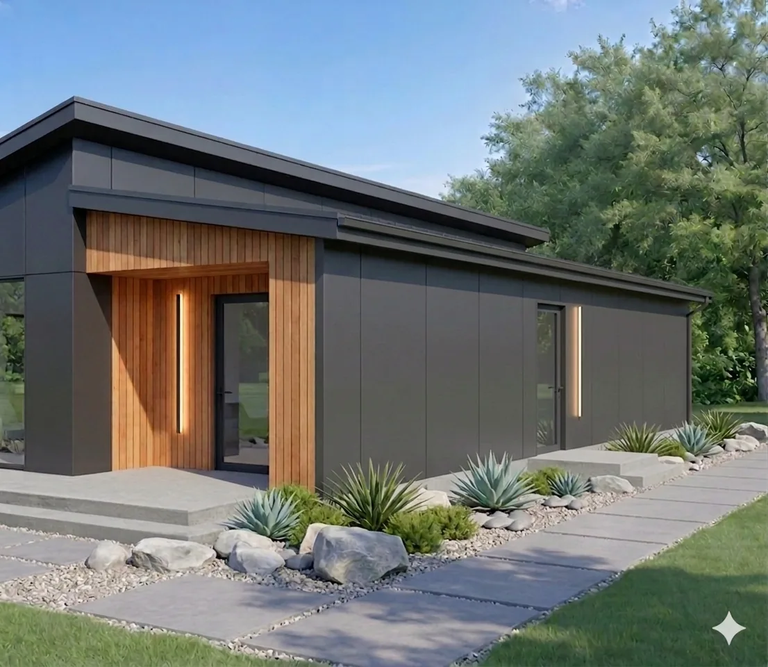 Modern community housing module with dark panels, wood entry, landscaped path, and greenery.