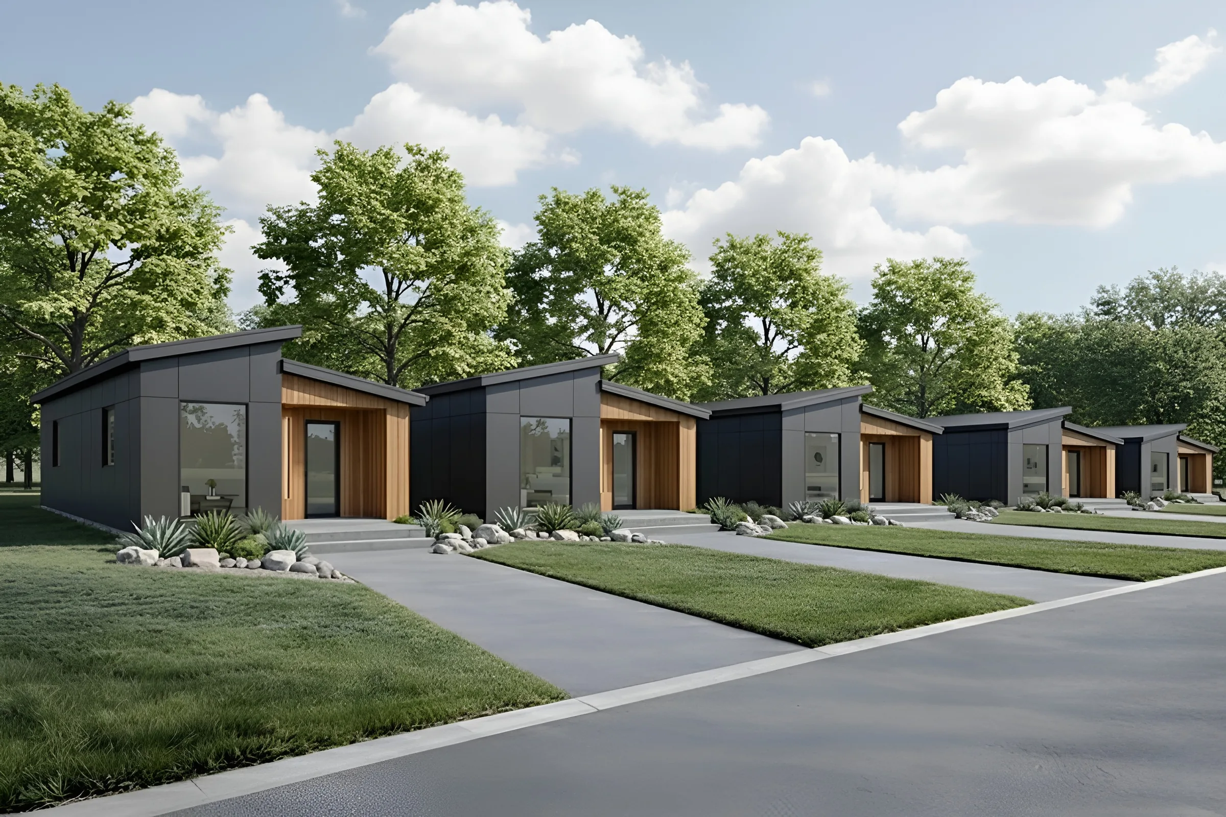 Row of modern modular homes arranged for community and workforce housing.