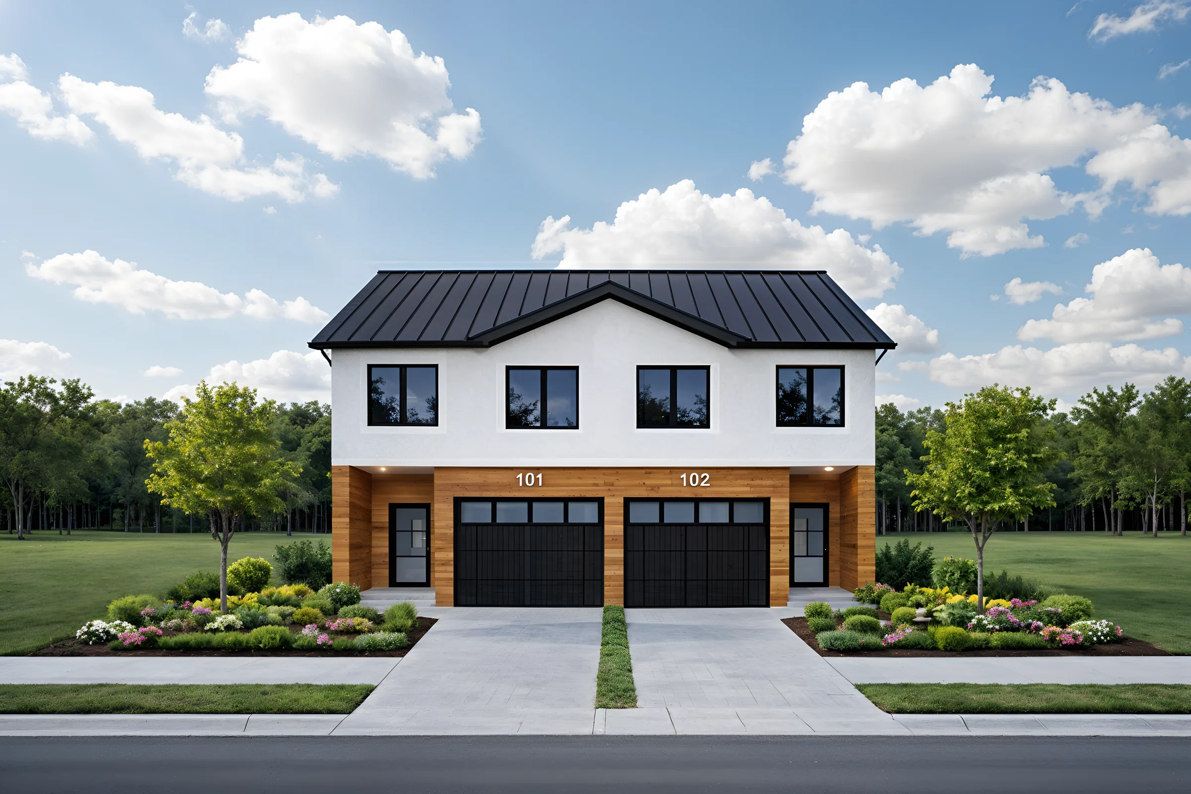 Developer modular community duplex concept with wood facade, dark roof, and landscaped entries.
