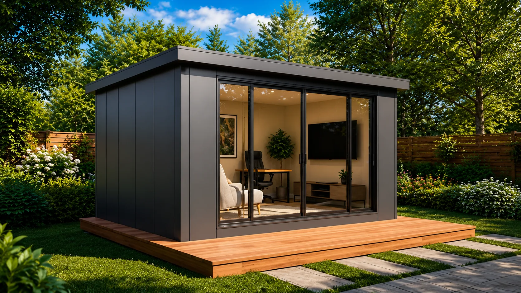 Garden Room 158 backyard studio with dark exterior panels, glass doors, and deck.