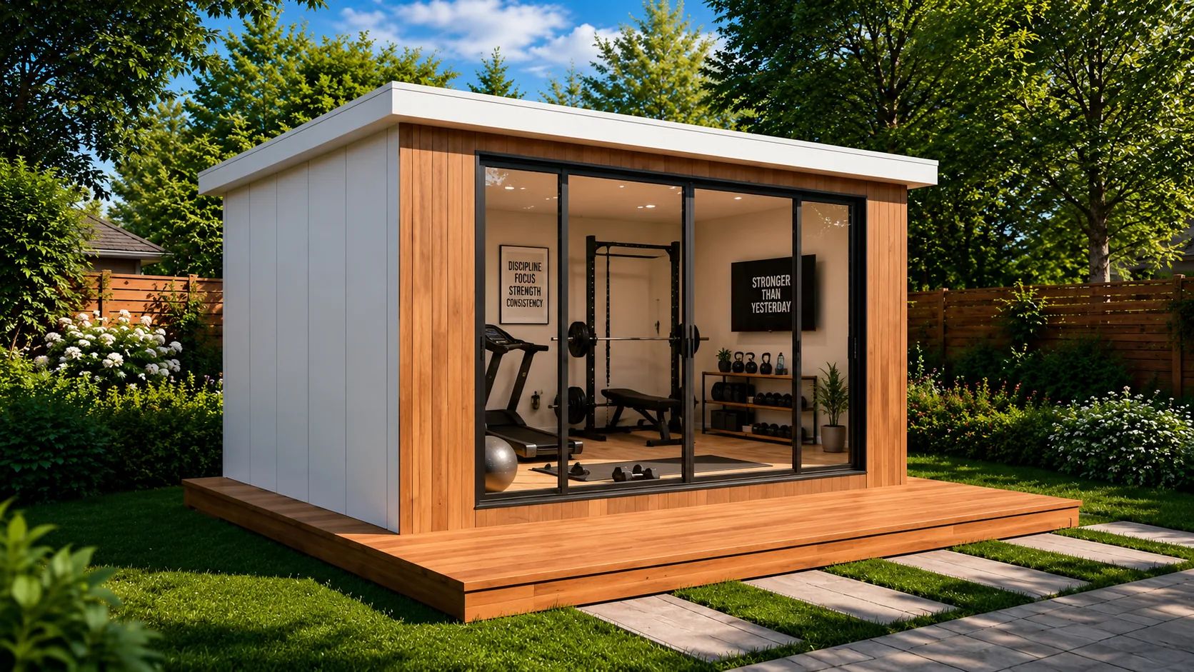 Garden Room 158 backyard studio configured as a home gym with full-height glass doors.