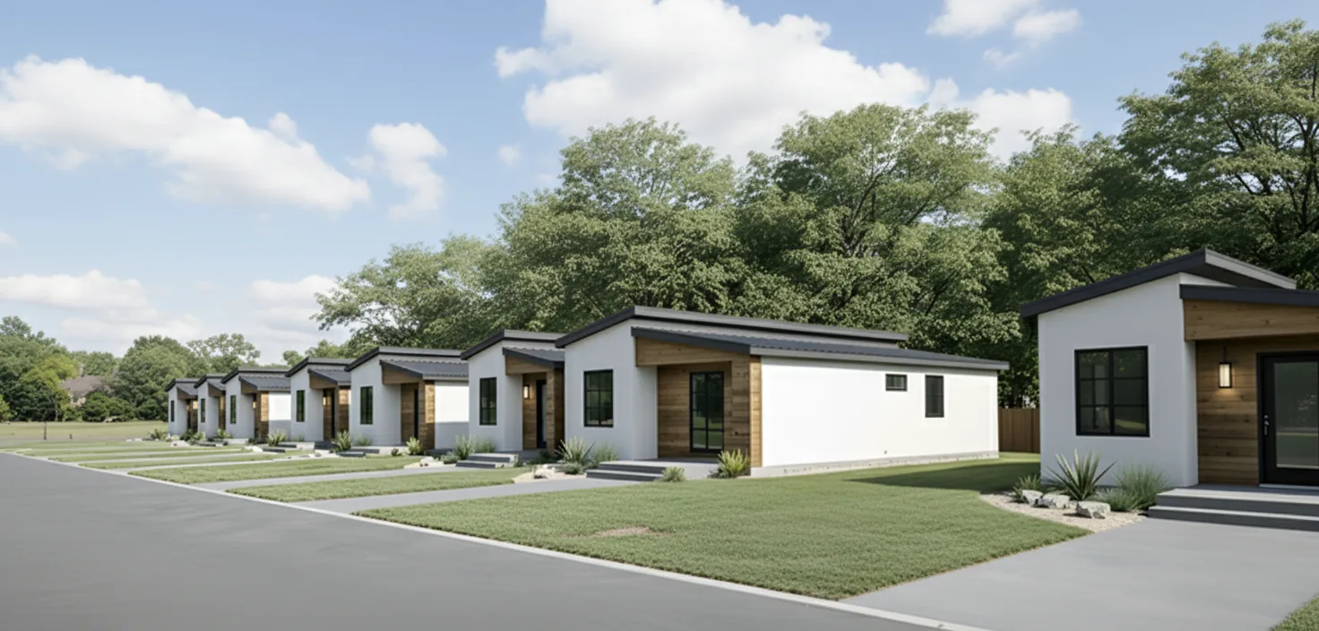 Workforce and community housing application showing a repeatable row of modular homes.