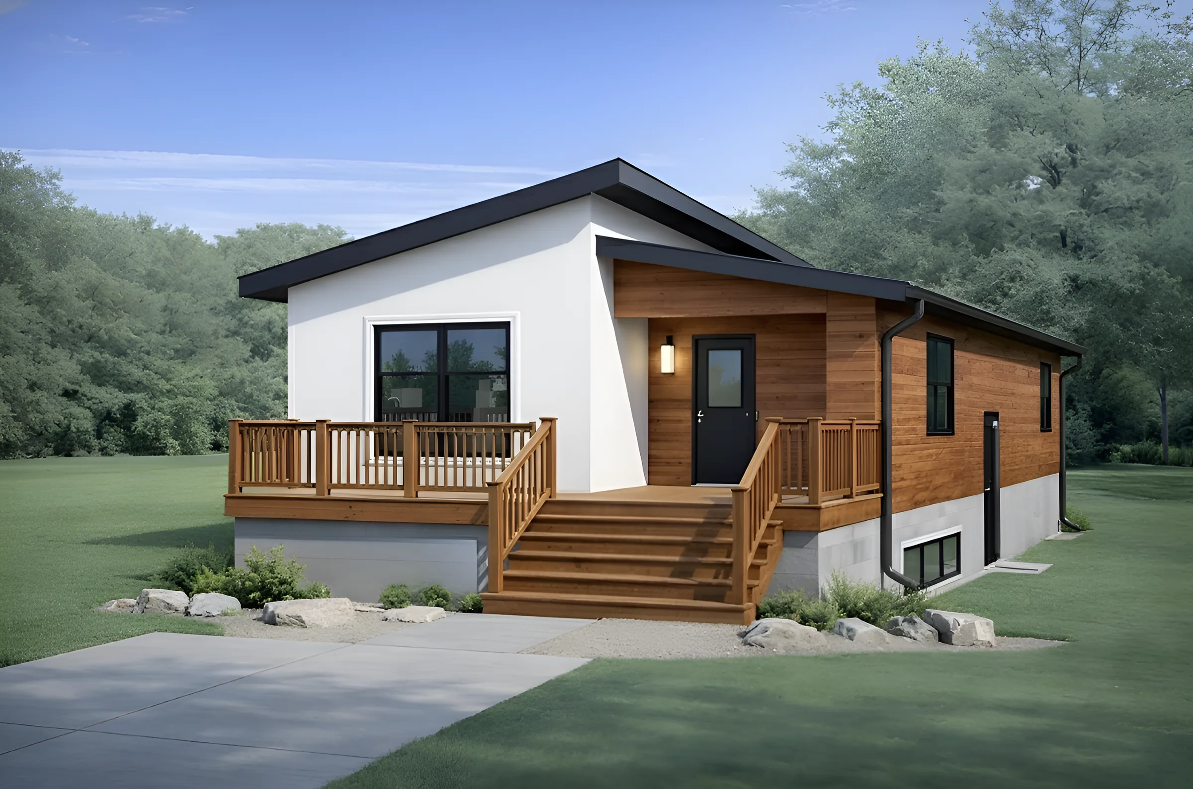 Raised modular home with white facade, wood entry porch, and black roof.