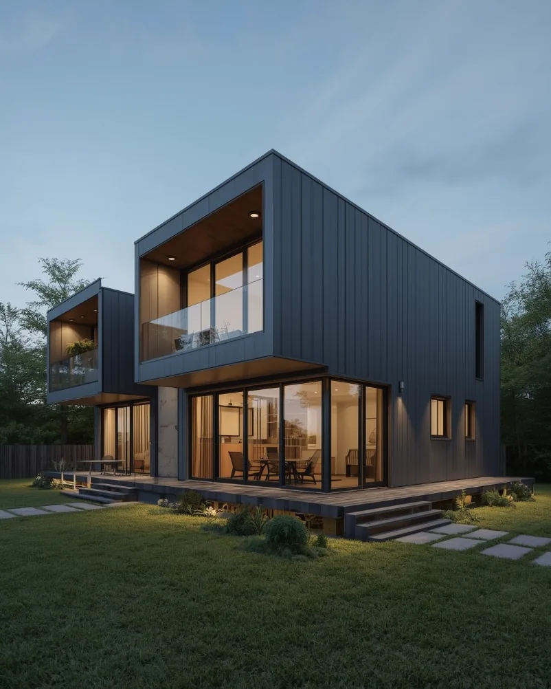 Two-story BOXWAY modular home with stacked volumes, glass balconies, and warm dusk lighting.