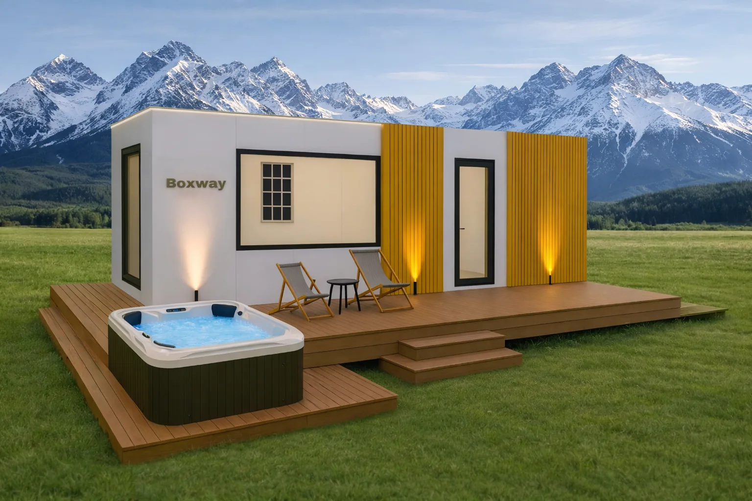 Boxway modular suite with mountain backdrop, deck seating, and outdoor spa.