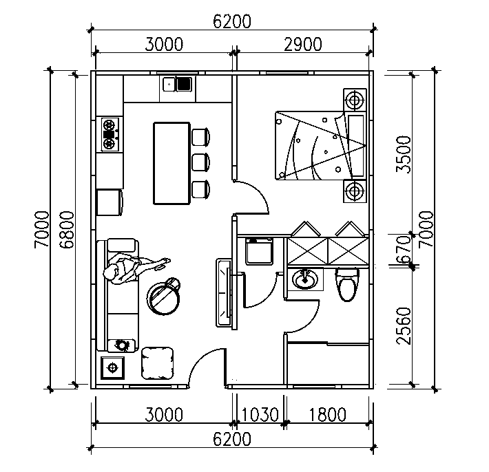 2D floor plan for Cedar-View 470, a 6200 x 7000 mm 1 bed / 1 bath modular layout.