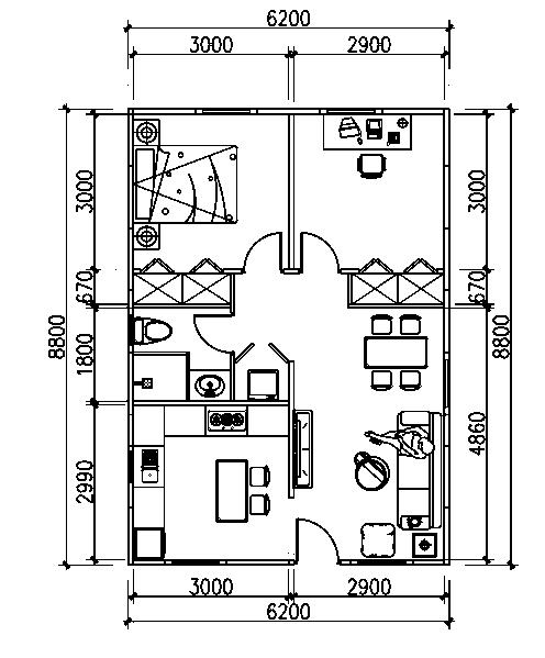 2D floor plan for Cedar-View 580, a 6200 x 8800 mm 1 bed + den modular layout.