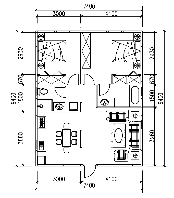 2D floor plan for Cedar-View 750, a 7400 x 9400 mm 2 bed / 2 bath modular layout.