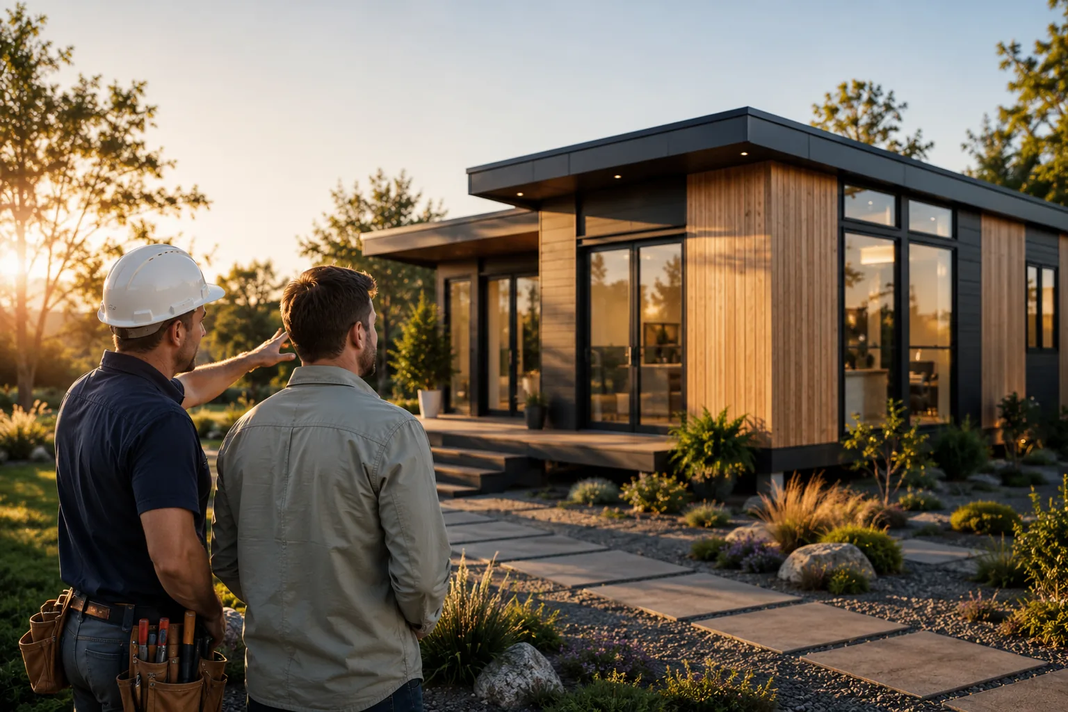 Builder and partner reviewing a BOXWAY modular home on site at sunset.
