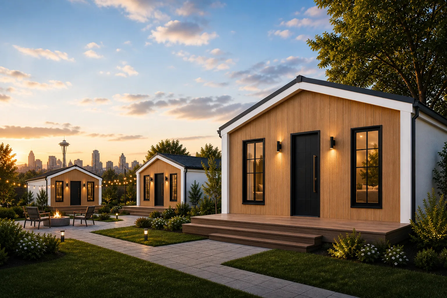 Backyard ADU rendering in an urban residential setting.