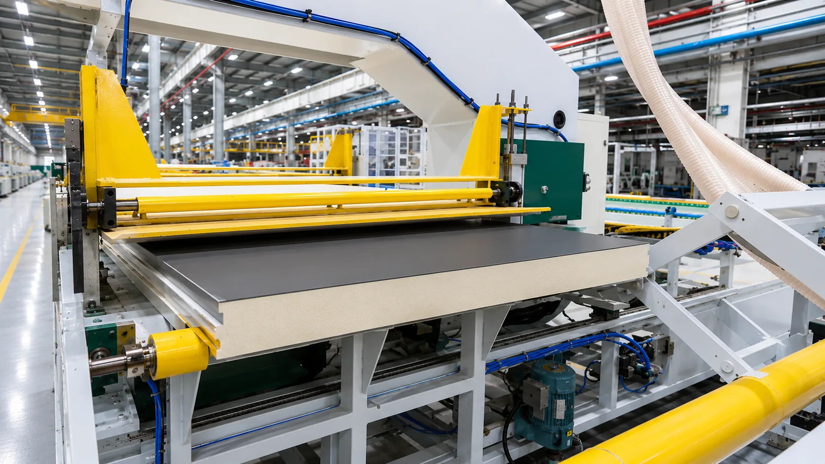 Metal SIP panel manufacturing line in a factory.