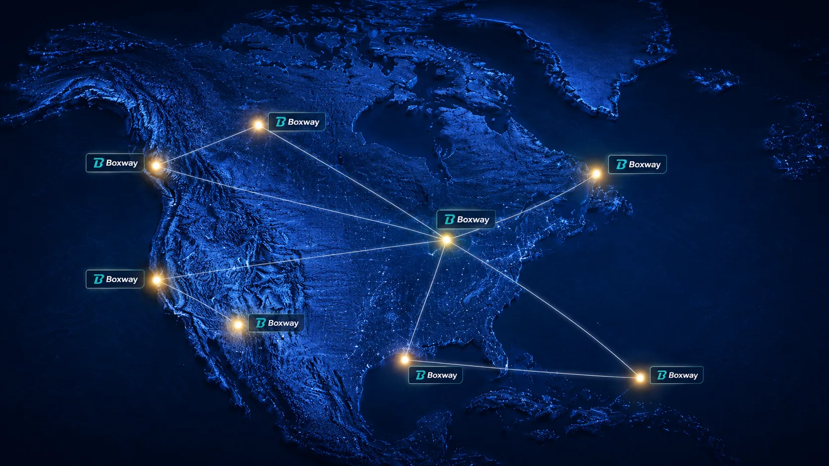 North American network map showing BOXWAY deployment nodes across the continent.