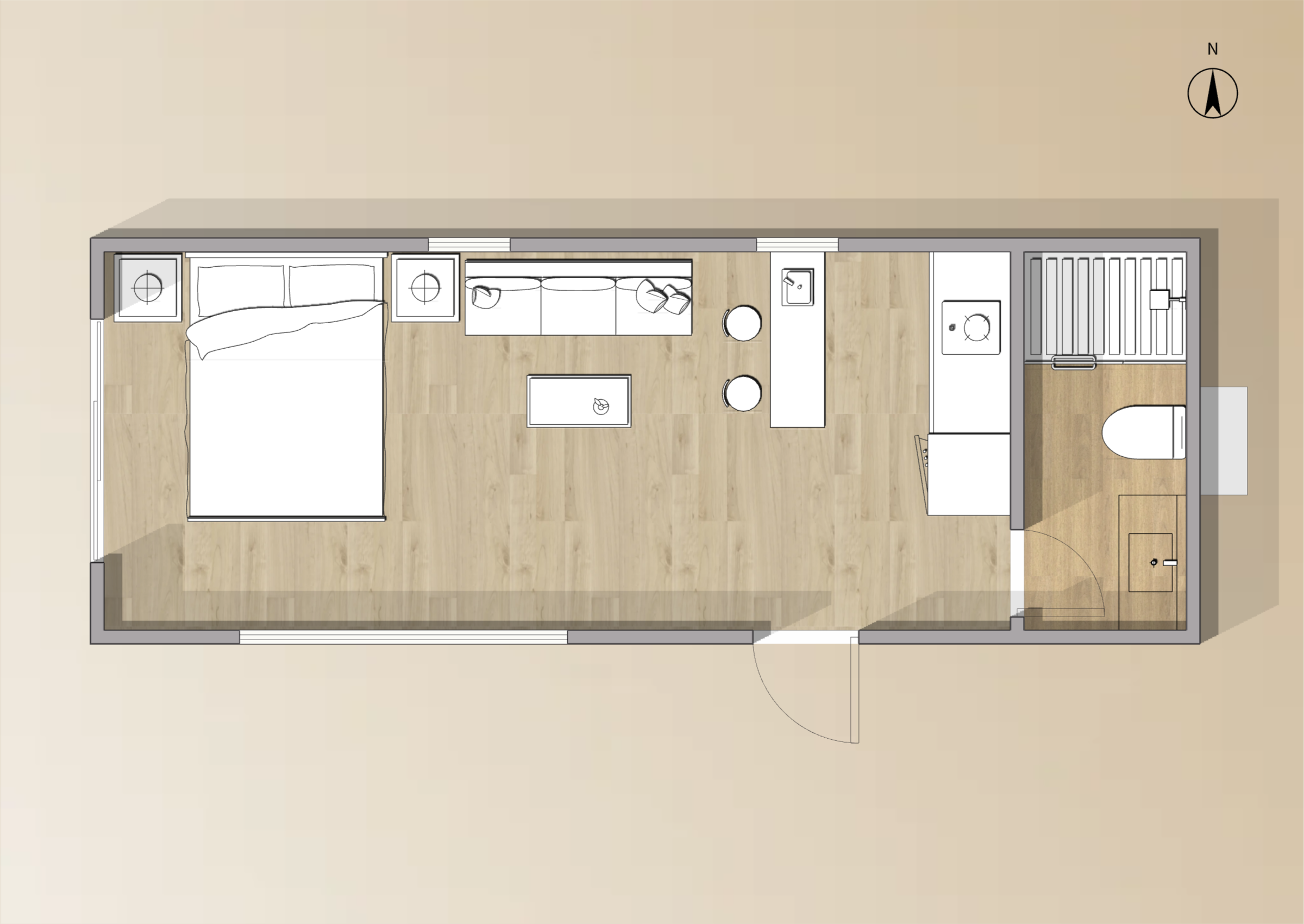 2D floor plan for Glamping Studio 265, a studio layout with bed, lounge, kitchenette, and bathroom.