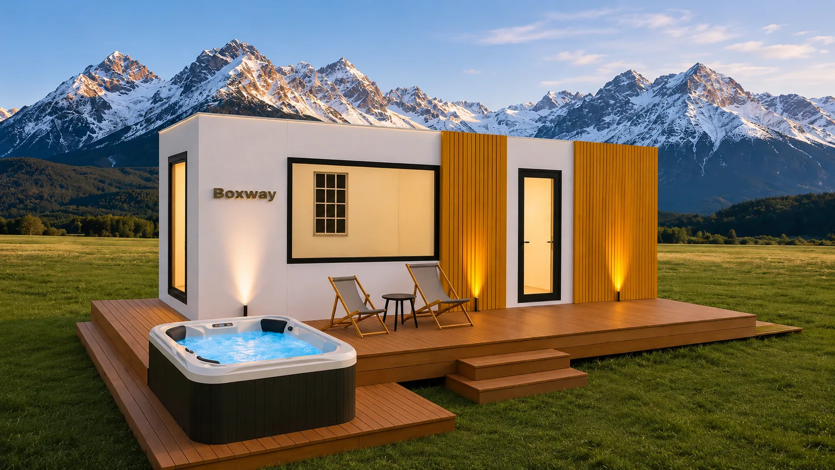265 Glamping Studio modular cabin with mountain backdrop and hot tub.