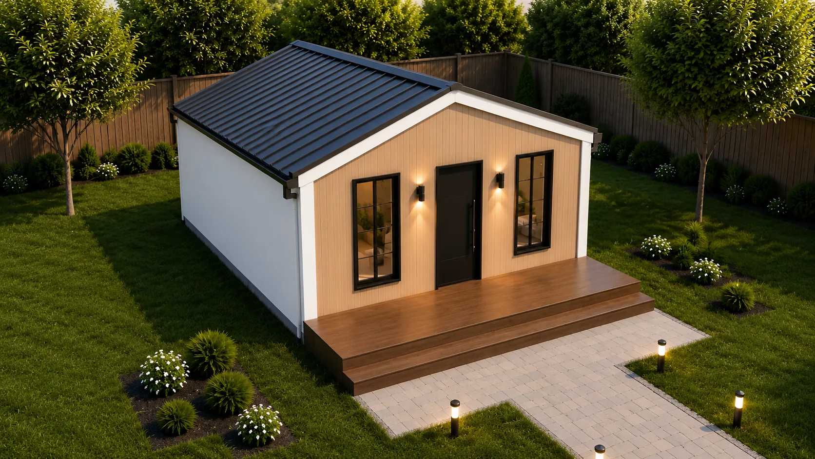 Cedar-View 470 compact ADU with front porch and landscaped yard.
