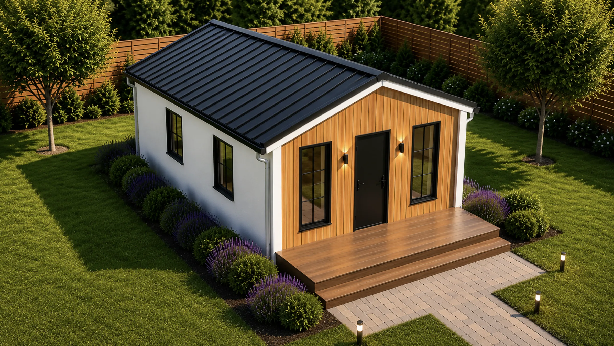 Cedar-View 580 flexible living modular home with cedar exterior and landscaped front yard.