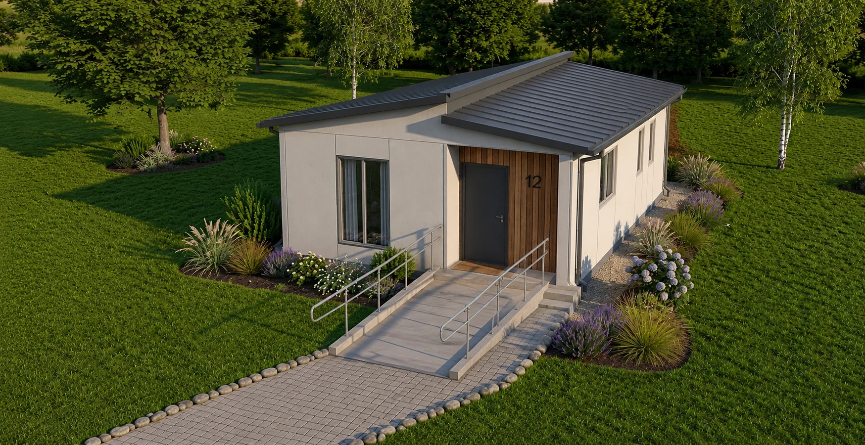 Cedar-Access 702 modular home with accessible pathway, ramp entry, and landscaped surroundings.