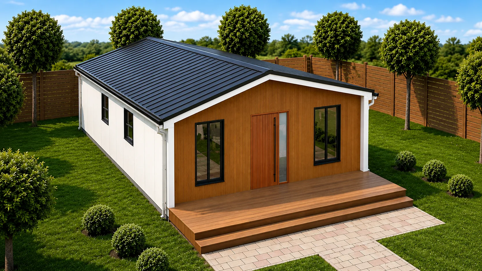 Cedar-View 750 family ADU with wood front facade, dark roof, and large front deck.