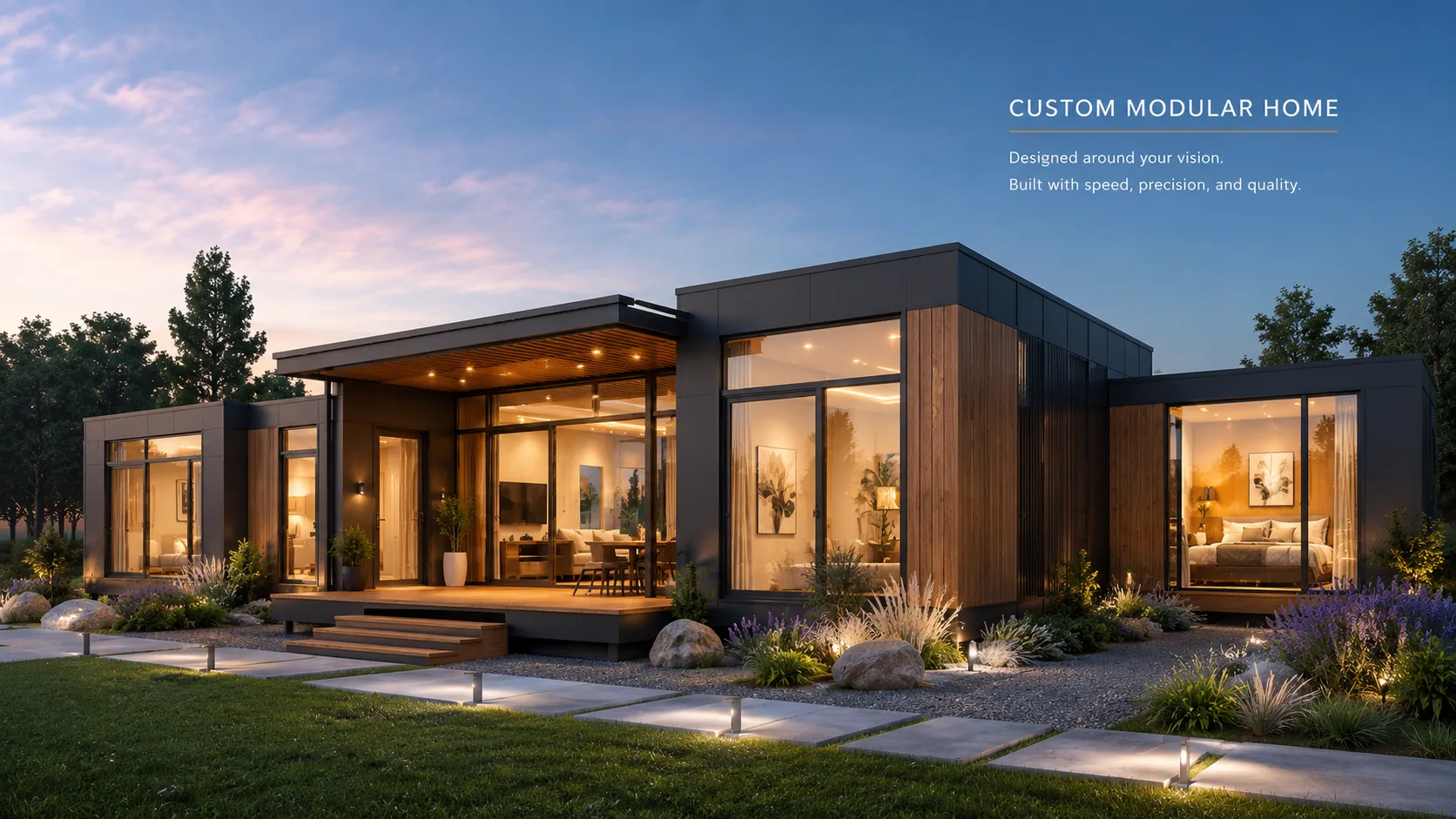 Custom Modular Series luxury modular home with expansive glass walls and landscaped exterior.